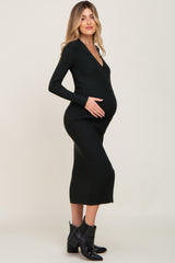 Forest Green Ribbed Button Front Long Sleeve Maternity Dress