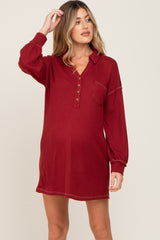 Burgundy Waffle Knit Collared Long Sleeve Maternity Dress