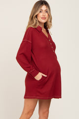 Burgundy Waffle Knit Collared Long Sleeve Maternity Dress