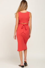 Coral Ribbed Back Cutout Maternity Midi Dress