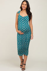 Teal Floral Ruched Shoulder Tie Maternity Dress