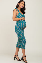 Teal Floral Ruched Shoulder Tie Maternity Dress