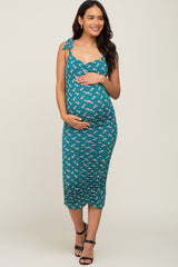 Teal Floral Ruched Shoulder Tie Maternity Dress