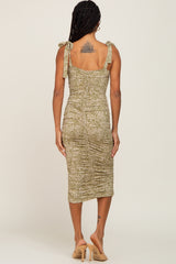 Light Olive Printed Ruched Shoulder Tie Dress