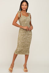 Light Olive Printed Ruched Shoulder Tie Dress