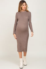 Taupe Brushed Knit Long Sleeve Mock Neck Maternity Dress