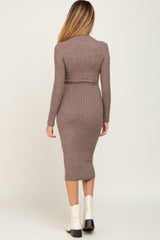 Taupe Brushed Knit Long Sleeve Mock Neck Maternity Dress