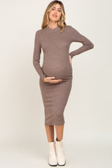 Taupe Brushed Knit Long Sleeve Mock Neck Maternity Dress