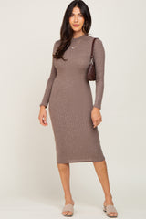 Taupe Brushed Knit Long Sleeve Mock Neck Maternity Dress