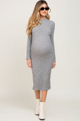 Grey Brushed Knit Long Sleeve Mock Neck Maternity Dress