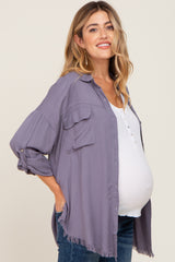 Charcoal Button Up Collared Fringe Hem Maternity Top