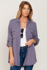 Charcoal Button Up Collared Fringe Hem Maternity Top