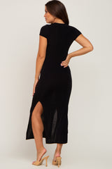 Black Short Sleeve Side Slit Maternity Maxi Dress