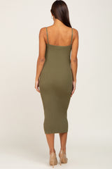 Olive Ribbed Sleeveless Fitted Maternity Dress