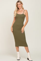 Olive Ribbed Sleeveless Fitted Maternity Dress