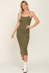 Olive Ribbed Sleeveless Fitted Dress