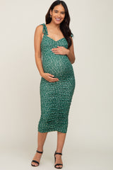 Green Floral Ruched Shoulder Tie Maternity Dress