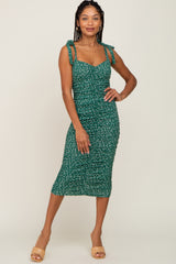 Green Floral Ruched Shoulder Tie Dress