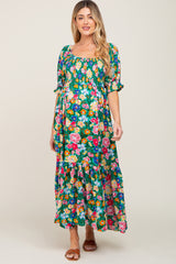 Green Floral Smocked Puff Sleeve Maternity Maxi Dress