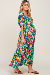 Green Floral Smocked Puff Sleeve Maternity Maxi Dress