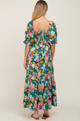 Green Floral Smocked Puff Sleeve Maternity Maxi Dress