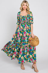 Green Floral Smocked Puff Sleeve Maternity Maxi Dress