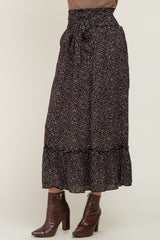 Black Ditsy Print Smocked Front Tie Skirt