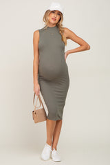 Olive Ribbed Mock Neck Maternity Midi Dress