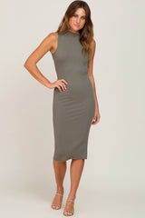 Olive Ribbed Mock Neck Maternity Midi Dress