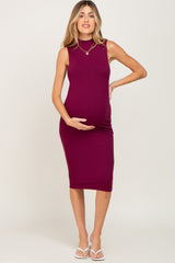 Burgundy Ribbed Mock Neck Maternity Midi Dress