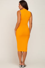 Orange Ribbed Mock Neck Maternity Midi Dress