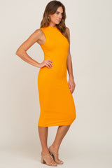 Orange Ribbed Mock Neck Midi Dress