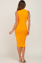 Orange Ribbed Mock Neck Midi Dress