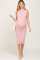 Mauve Ribbed Mock Neck Maternity Midi Dress