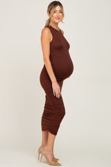 Brown Basic Ruched Maternity Midi Dress