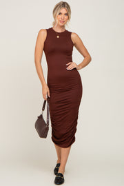 Brown Basic Ruched Midi Dress