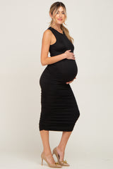 Black Basic Ruched Maternity Midi Dress