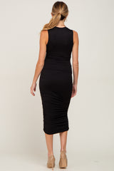 Black Basic Ruched Maternity Midi Dress