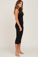 Black Basic Ruched Midi Dress