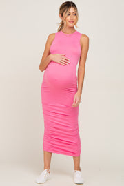 Pink Basic Ruched Maternity Midi Dress