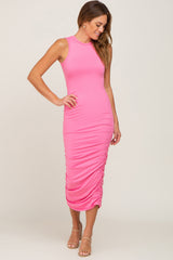 Pink Basic Ruched Maternity Midi Dress