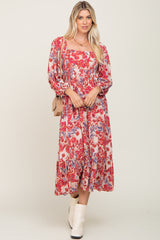 Red Floral 3/4 Sleeve Midi Dress