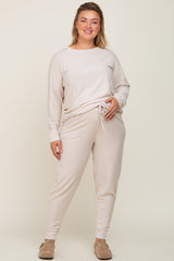 Beige Soft Knit Long Sleeve Maternity Plus Set