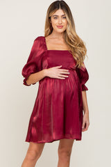 Burgundy Satin Shimmer Puff Sleeve Maternity Dress