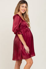 Burgundy Satin Shimmer Puff Sleeve Maternity Dress