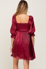 Burgundy Satin Shimmer Puff Sleeve Maternity Dress