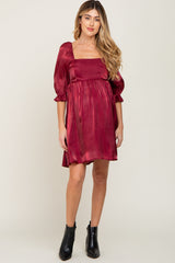 Burgundy Satin Shimmer Puff Sleeve Maternity Dress