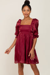 Burgundy Satin Shimmer Puff Sleeve Maternity Dress