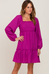 Magenta Textured Shirred Long Sleeve Dress