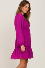 Magenta Textured Shirred Long Sleeve Dress